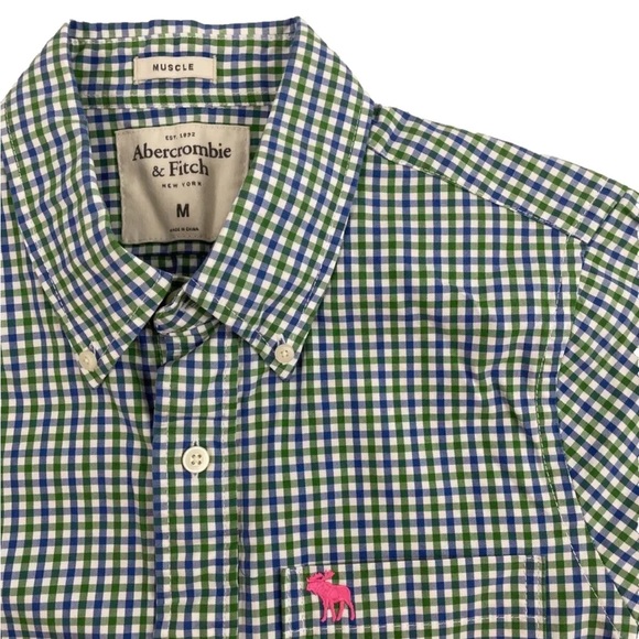 Vtg Y2K Mens Abercrombie & Fitch Green Blue Check SS Button Up Shirt Sz M Muscle - Picture 1 of 5